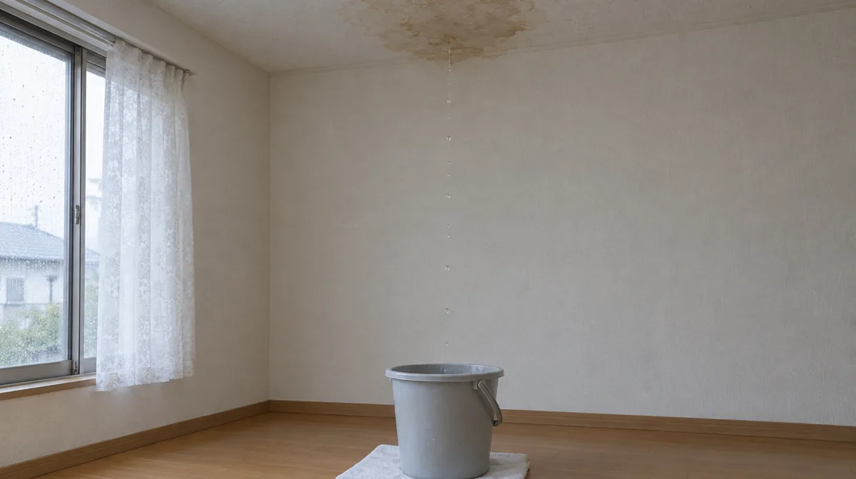 天井の雨漏りのシミから、床のバケツへ水が落ちている部屋